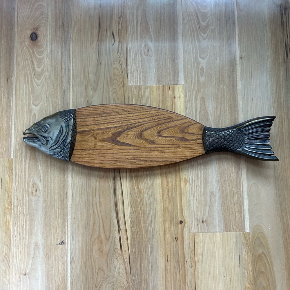 Vintage Wood and Metal Fish-Shaped Serving Board or Wall Decor, Made in Japan